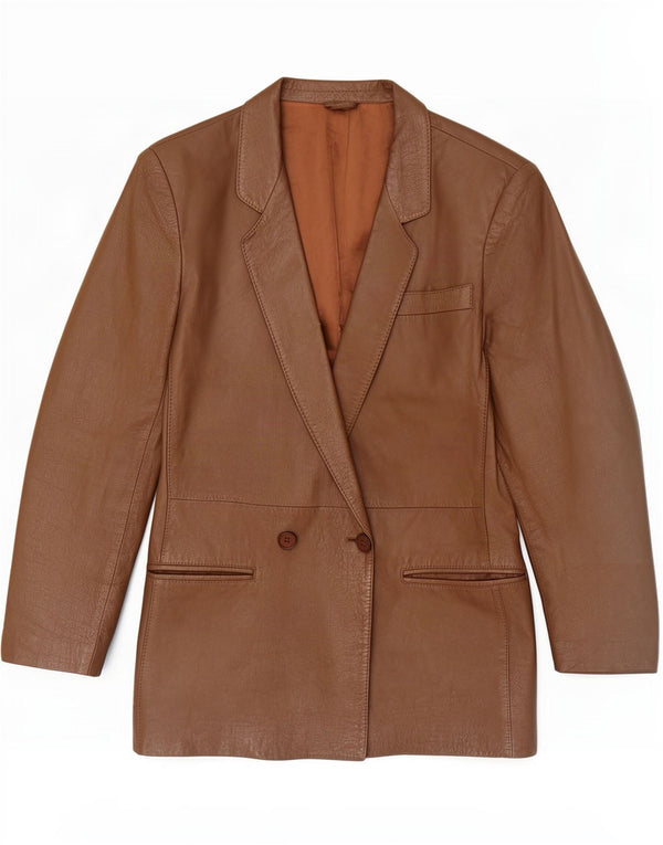 Giacca blazer vintage in pelle doppio petto da donna IT 44 Marrone medio