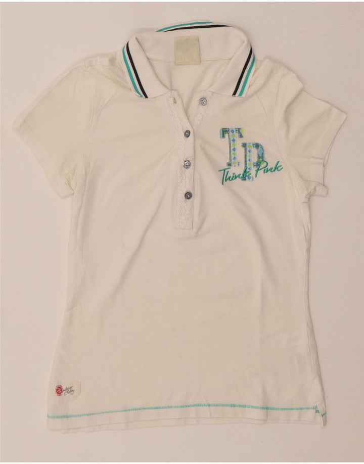 THINK PINK Polo grafica da donna UK 8 piccola in cotone bianco