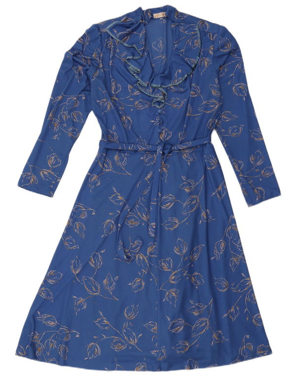 Abito a trapezio a maniche lunghe da donna vintage UK 16 Grande floreale blu
