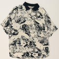 VINTAGE Mens Abstract Pattern Polo Shirt Medium Navy Blue Viscose Vintage Vintage and Second-Hand Vintage from Messina Hembry 