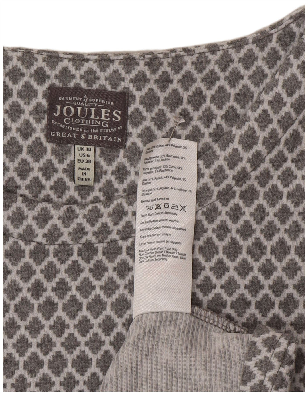 Abito basico a maniche lunghe da donna Joules UK 10 Piccolo cotone geometrico grigio