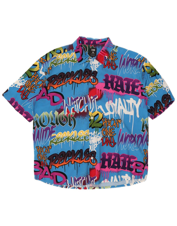 Camicia a maniche corte grafica oversize da uomo VINTAGE piccolo blocco di colore blu