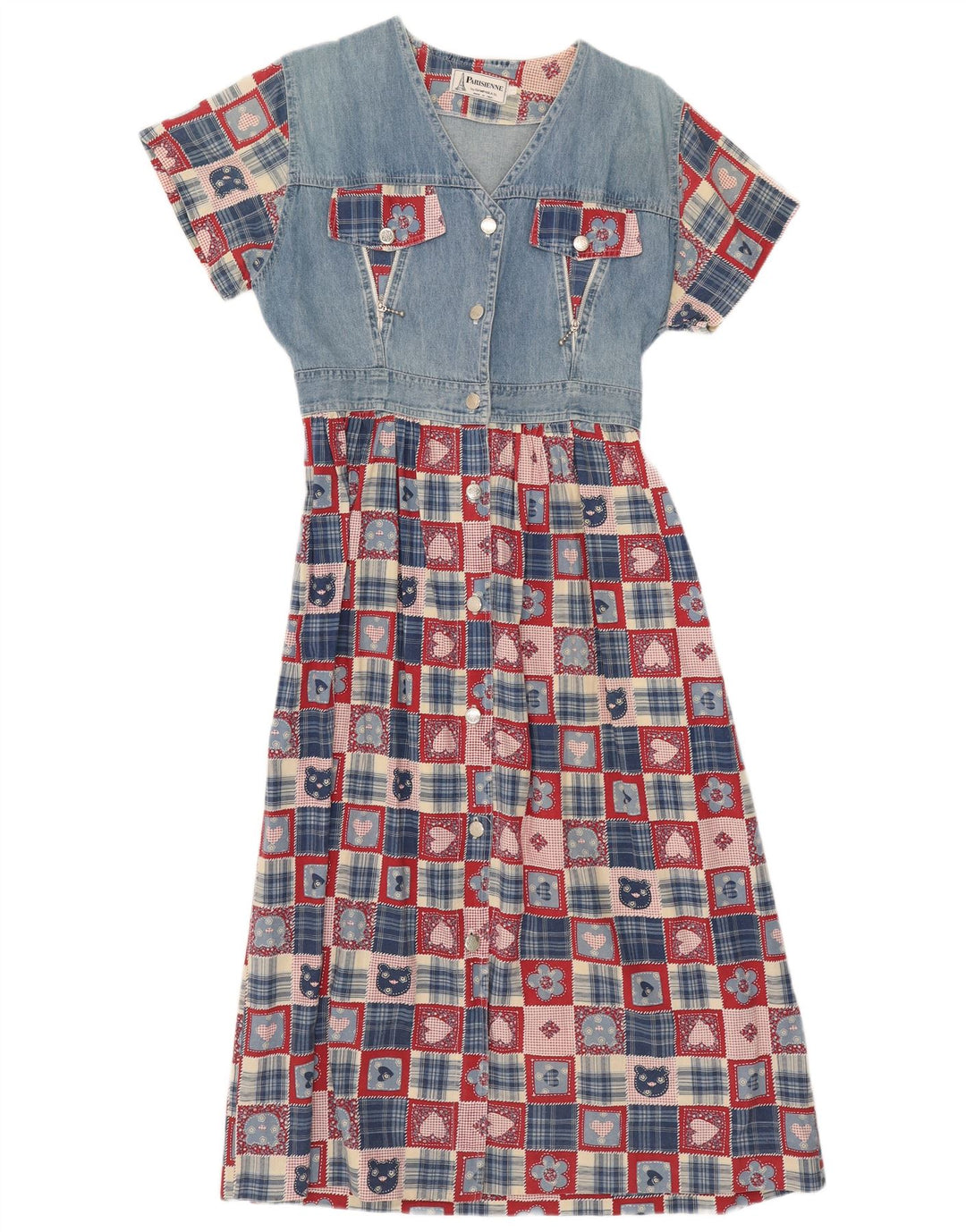Abito a trapezio da donna vintage UK 14 Grande patchwork blu