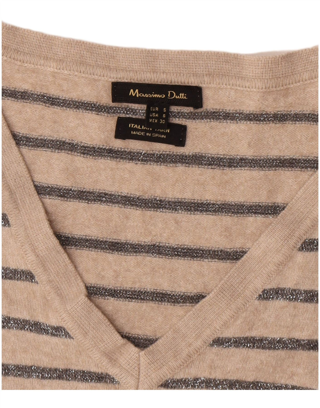 Massimo Dutti Maglione da donna con scollo a V UK 10 Piccolo Beige a righe