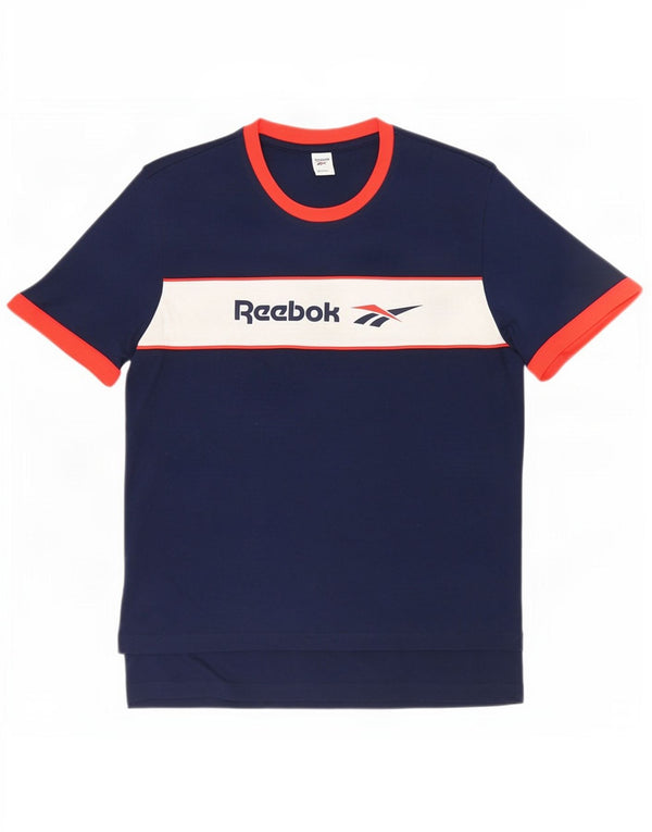 Reebok Mens Graphic T-Shirt Top Large Navy Blue Colourblock Cotton