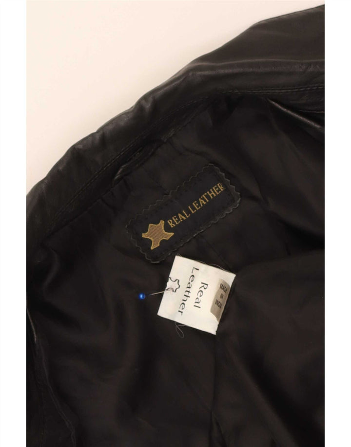 Giacca blazer in pelle vintage da donna a 3 bottoni UK 14 pelle nera media