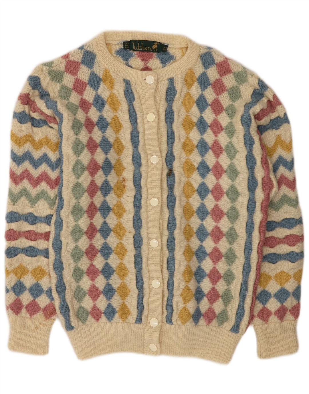 Maglione cardigan da donna Tulchan Taglia unica Lana vergine Beige Argyle/Diamond