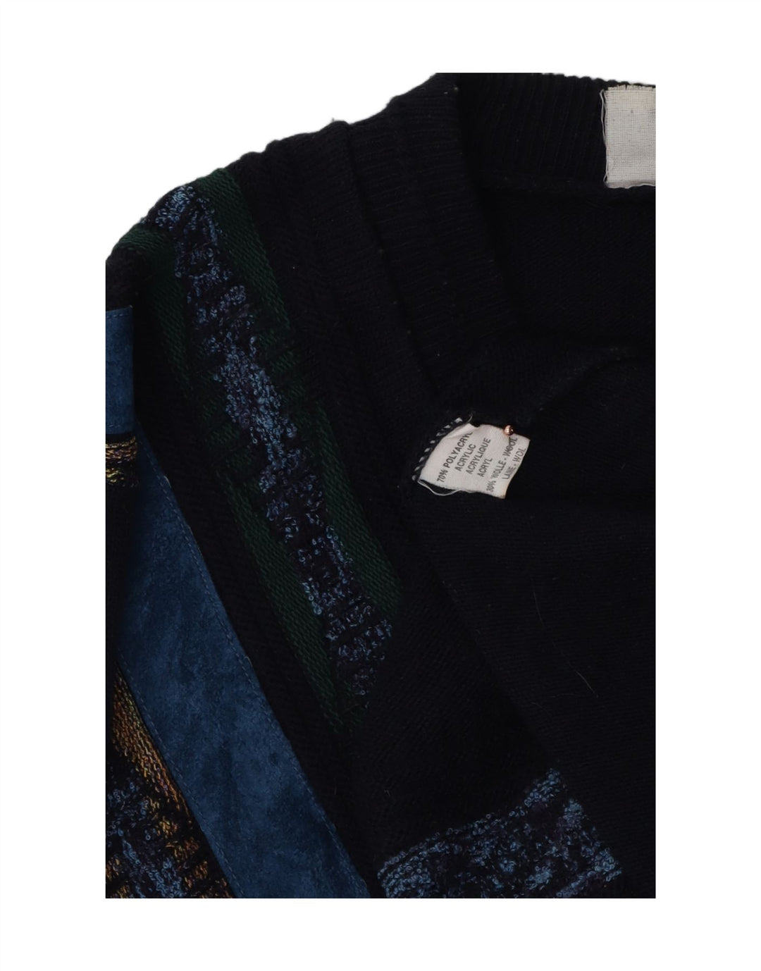 Maglione vintage da uomo con scollo a V, grande poliacrilico geometrico blu navy