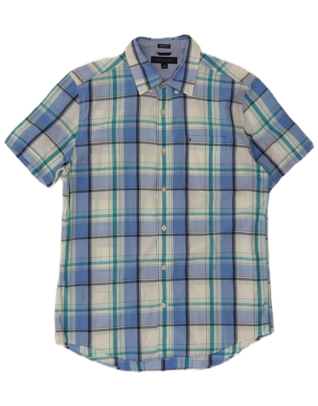 Camicia da uomo a maniche corte personalizzata Tommy Hilfiger in cotone a quadri blu medio
