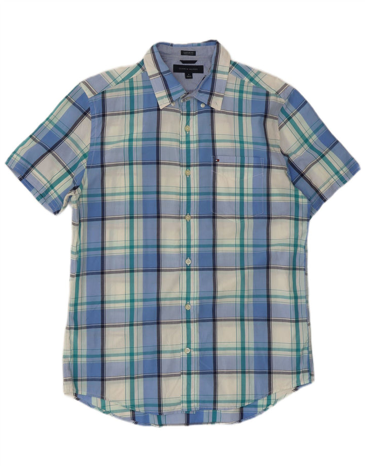 Camicia da uomo a maniche corte personalizzata Tommy Hilfiger in cotone a quadri blu medio