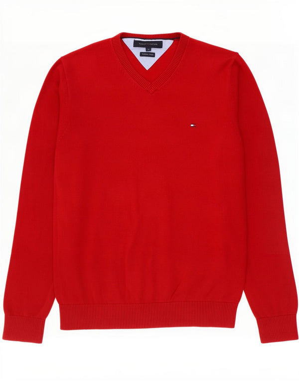 Maglione maglione con scollo a V da uomo Tommy Hilfiger in cotone rosso medio