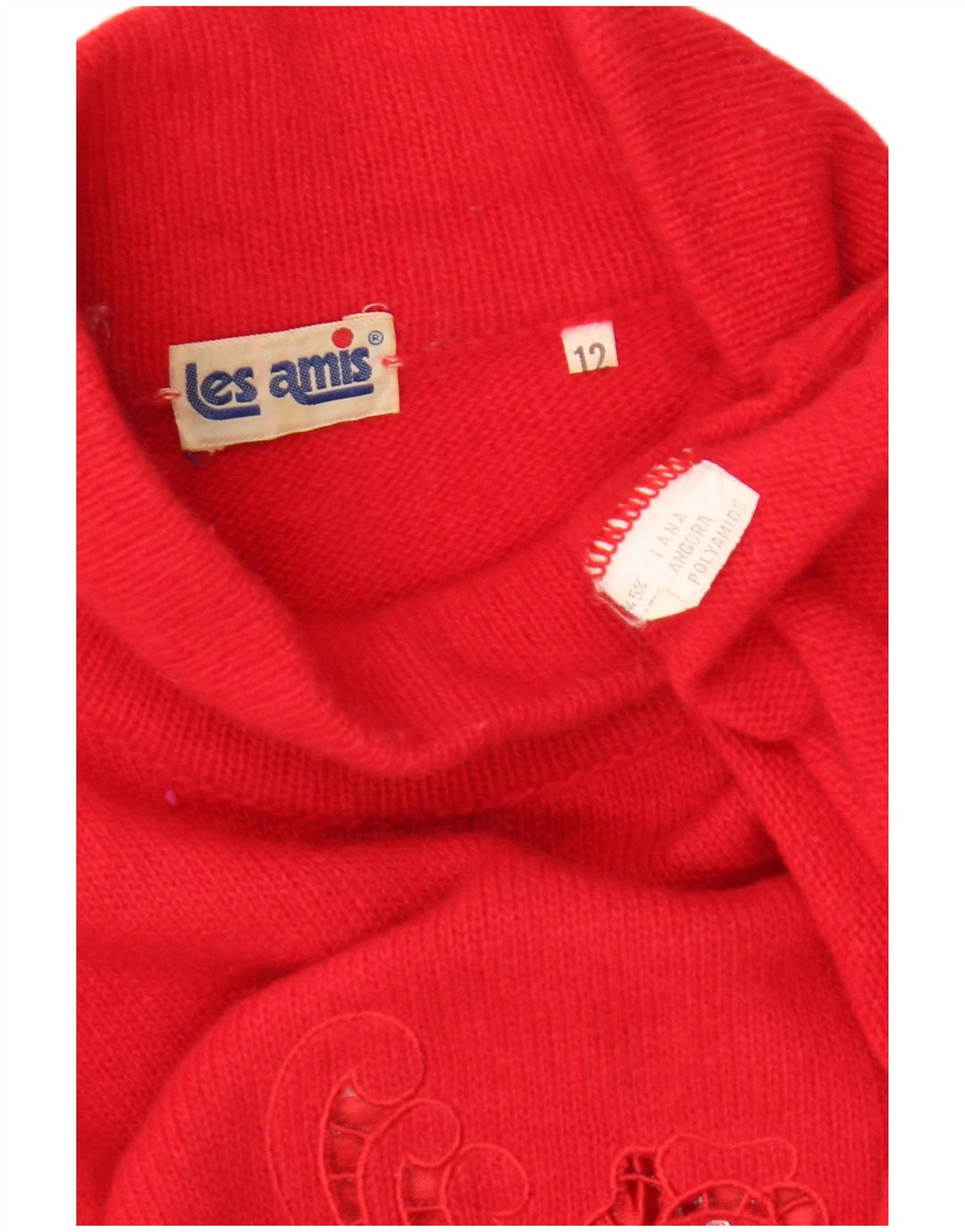 Maglione maglione collo alto da donna vintage UK 12 Lana floreale rossa media