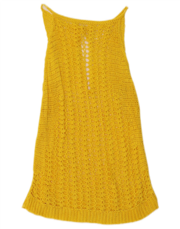Top trasparente all'uncinetto senza maniche da donna VINTAGE UK 8 piccolo giallo
