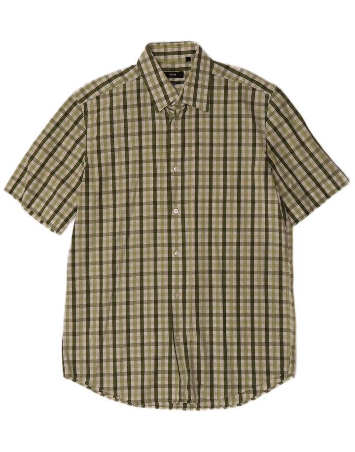 Camicia a maniche corte da uomo Hugo Boss taglia 40 15 3/4 percalle verde medio