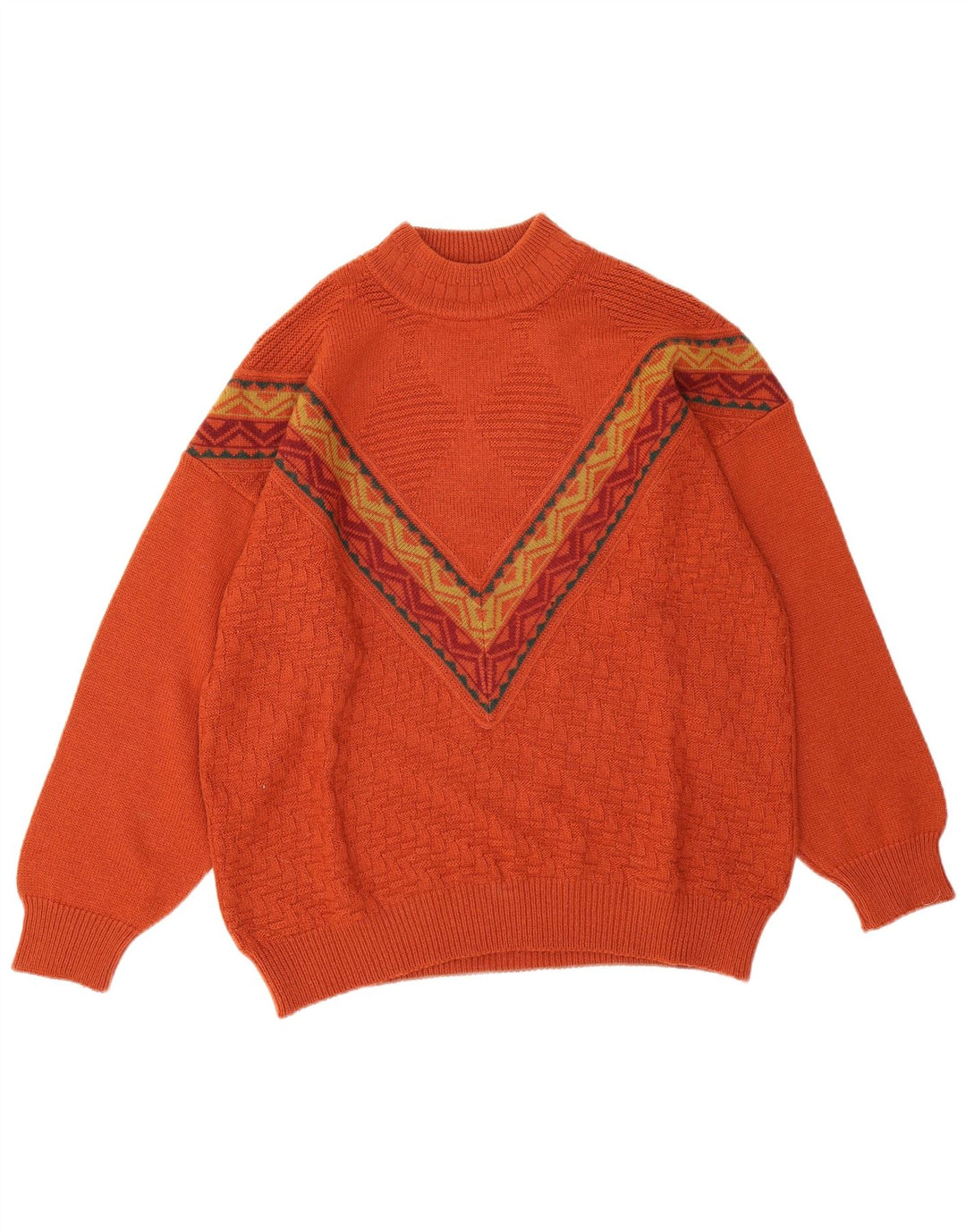 Maglione vintage da uomo con collo alto e lana geometrica arancione grande