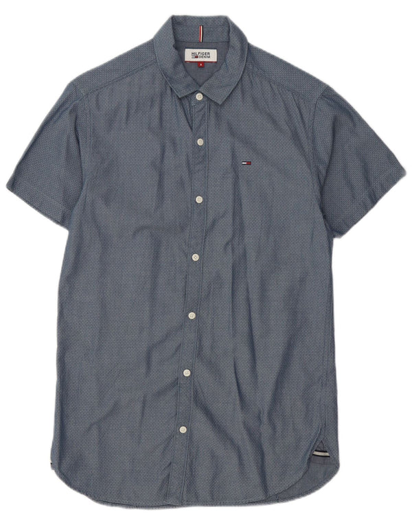 Camicia a maniche corte da uomo Tommy Hilfiger piccola in cotone maculato blu