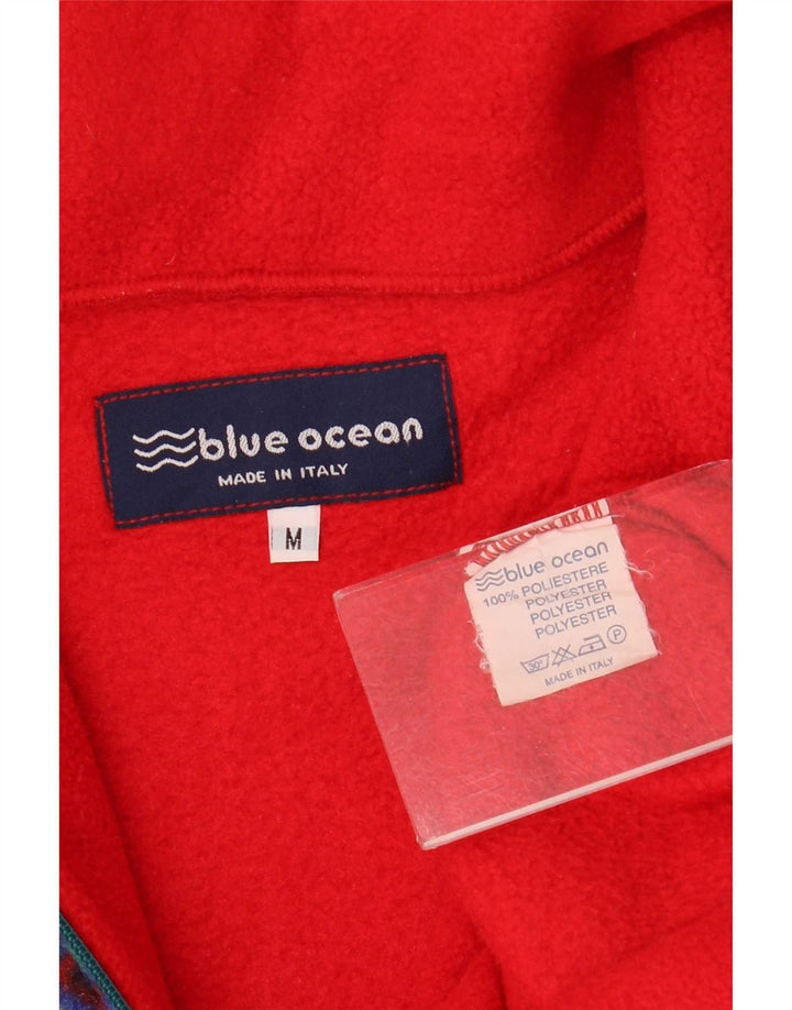 Maglione in pile vintage da uomo con zip e collo in poliestere geometrico rosso medio