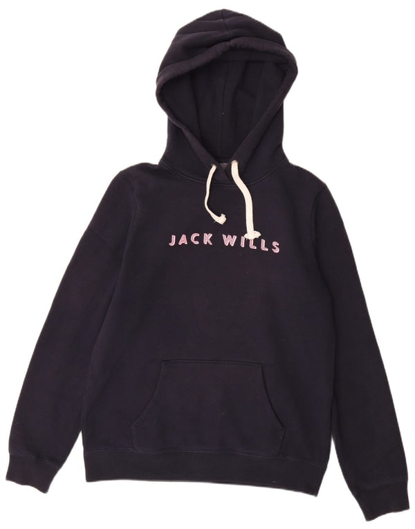 JACK WILLS Felpa con cappuccio grafica da donna UK 12 Medio Cotone blu navy