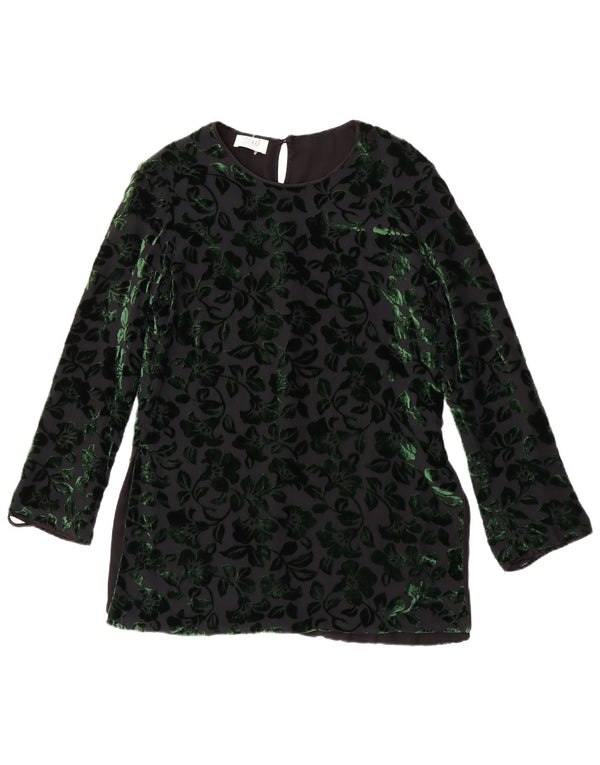 Camicetta vintage in velluto a maniche lunghe da donna UK 12 medio nero floreale