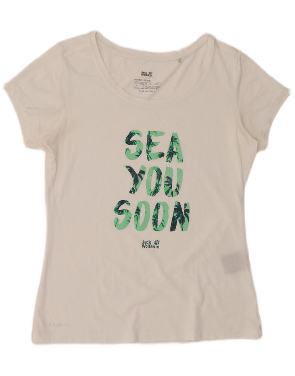 JACK WOLFSKIN T-shirt grafica da donna Top UK 10/12 Cotone bianco medio