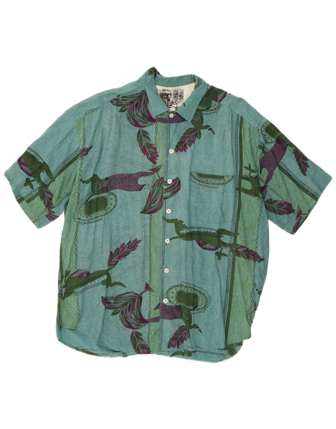 Camicia a maniche corte da uomo vintage con motivo astratto XL in viscosa verde