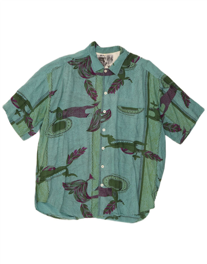 Camicia a maniche corte da uomo vintage con motivo astratto XL in viscosa verde