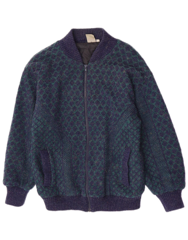 Giubbotto bomber lavorato a maglia da uomo vintage UK 38 Retro acrilico geometrico blu medio