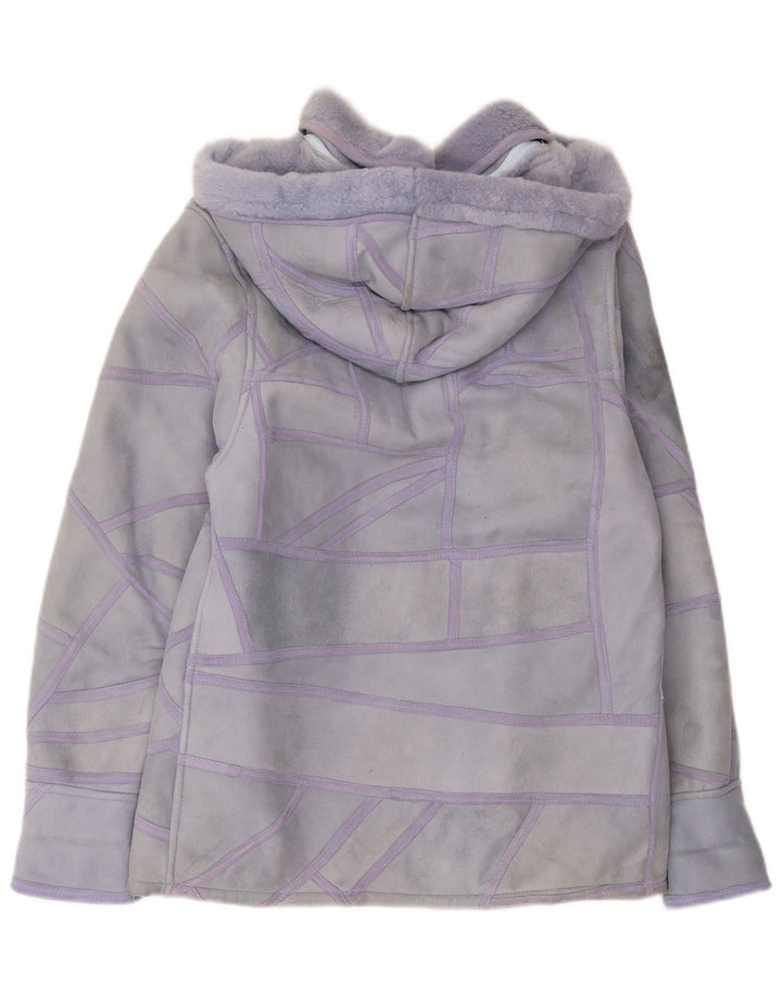Giacca vintage in shearling con cappuccio da donna UK 16 grande patchwork viola