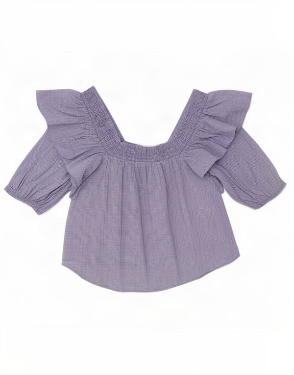 Top Zara da donna con spalle scoperte e volant corto, UK 10, piccolo quadretto blu
