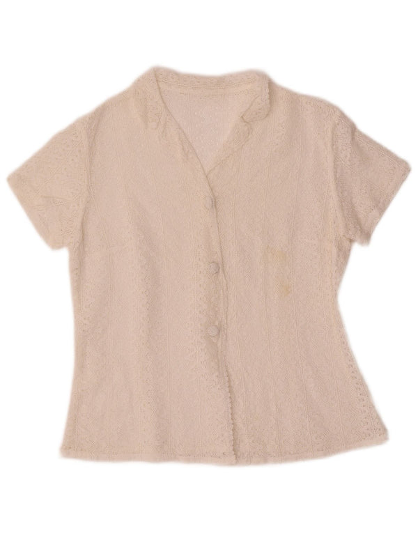 Camicetta vintage da donna a maniche corte all'uncinetto, taglia UK 10, piccola bianca