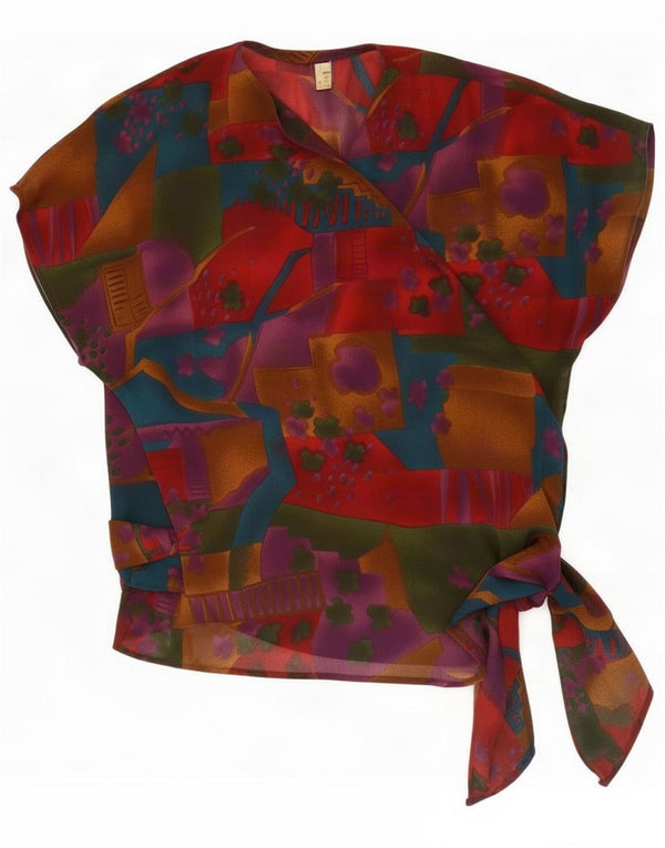 Camicetta vintage da donna a maniche corte avvolgente UK 16 grande rossa geometrica