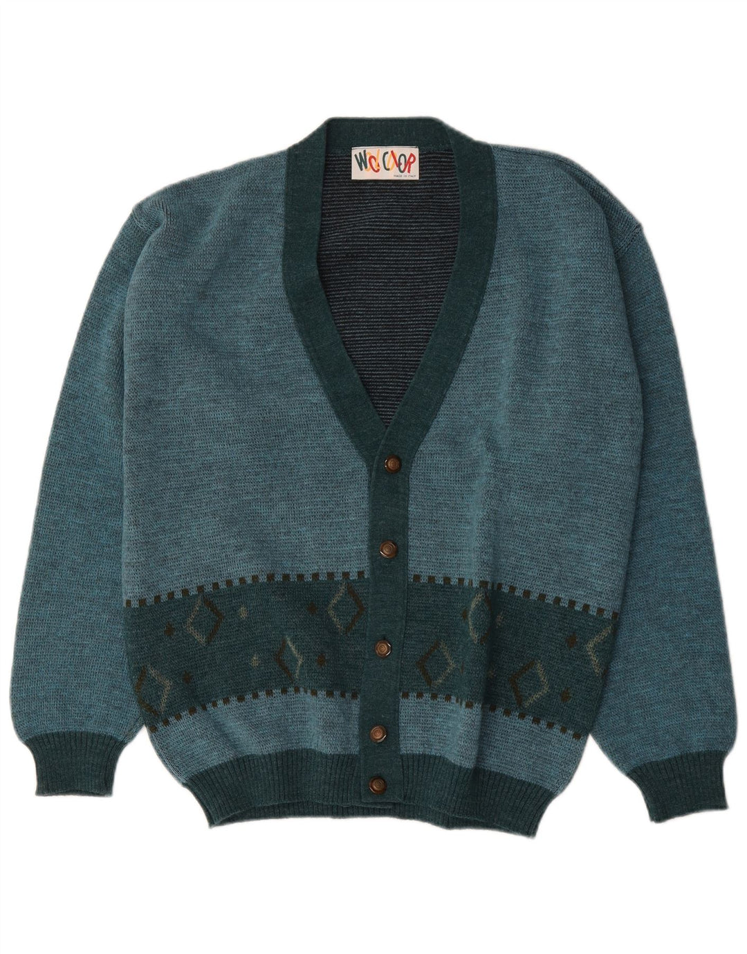 Maglione cardigan da uomo vintage in lana a rombi/diamanti turchese medio