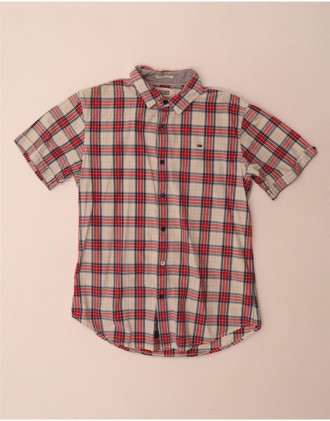 Camicia a maniche corte da uomo Tommy Hilfiger in cotone a quadri rossi medi