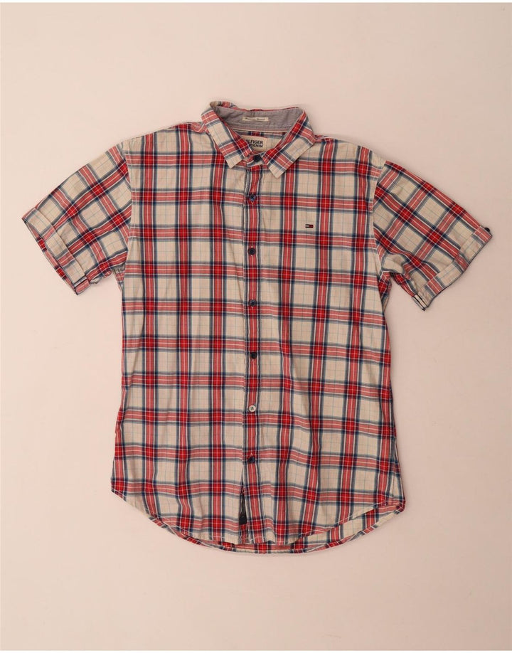 Camicia a maniche corte da uomo Tommy Hilfiger in cotone a quadri rossi medi