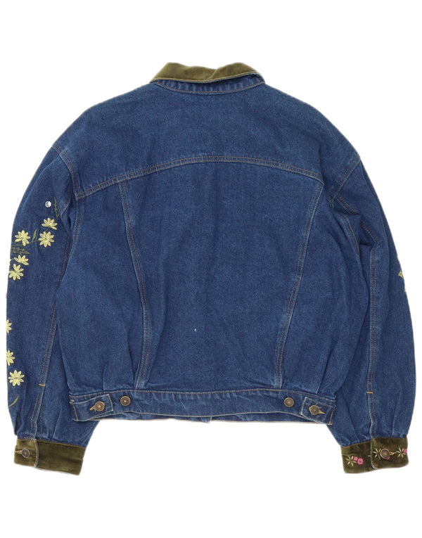 Giacca di jeans vintage da donna vestibilità ampia UK 14 cotone floreale blu medio