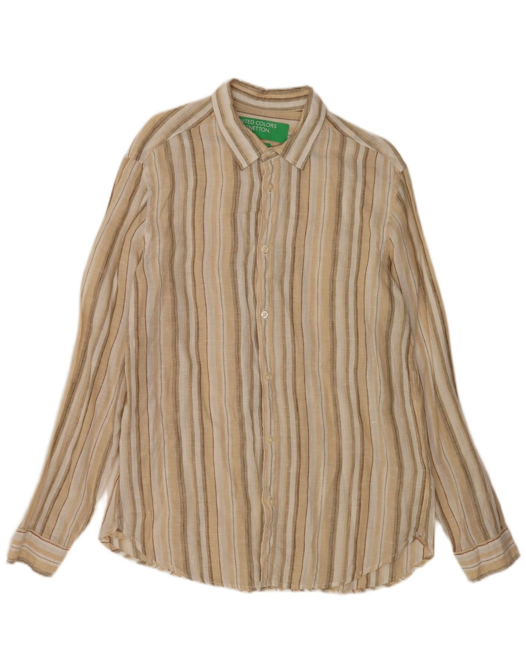 Camicia Benetton Uomo Lino Rigato Beige Medio