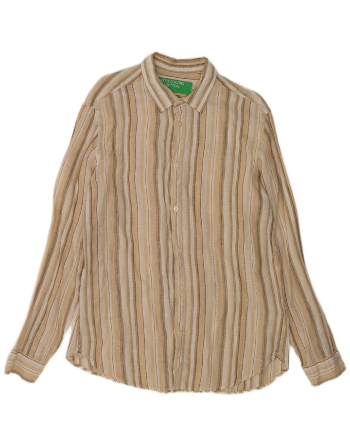 Camicia Benetton Uomo Lino Rigato Beige Medio