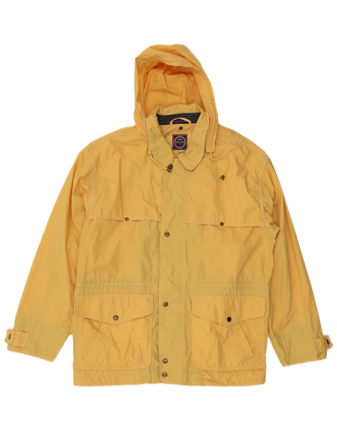 Giacca utilitaria vintage da uomo con cappuccio UK 38 poliestere giallo medio