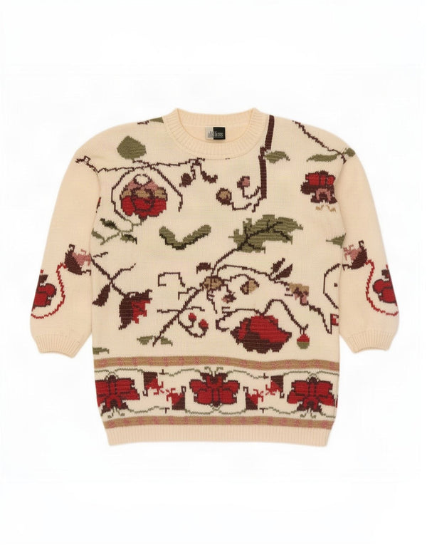 Maglione maglione girocollo da donna vintage UK 14/16 grande cotone floreale beige