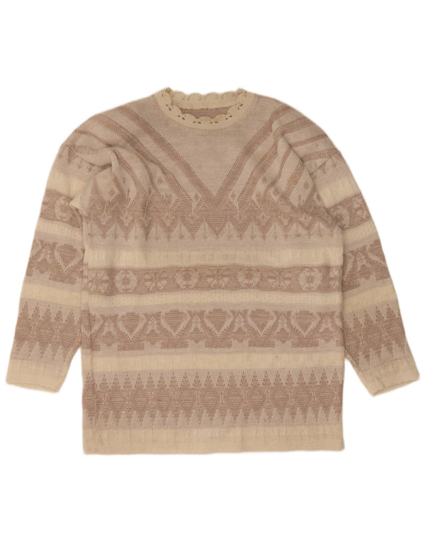 Maglione da donna vintage con scollo a barca UK 14 Grande beige geometrico