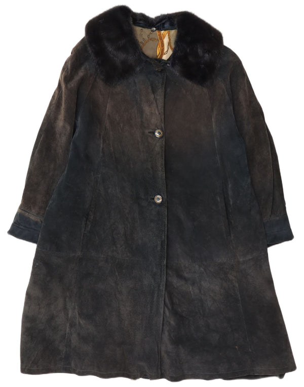 Soprabito vintage da donna in pelle scamosciata UK 14 grande blu navy