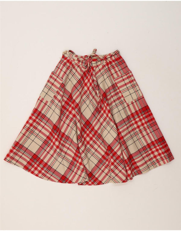 Gonna a trapezio a vita alta da donna vintage UK 12 media W26 lana a quadri rossa