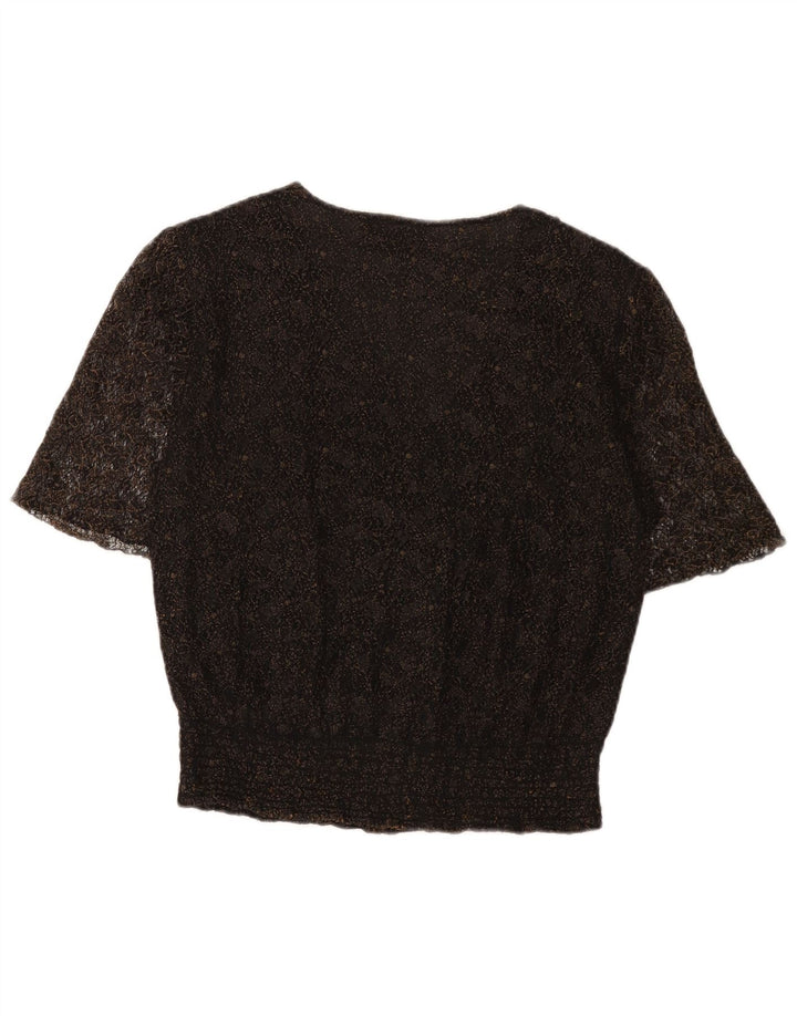 Top camicetta da donna vintage UK 16 grande floreale nero