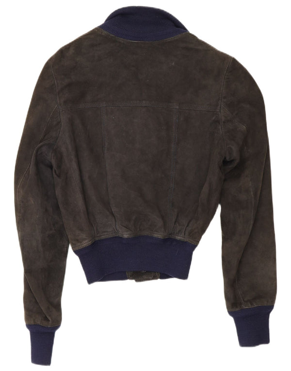 Giubbotto bomber in pelle scamosciata da donna Reda UK 10 piccolo in pelle nera color block