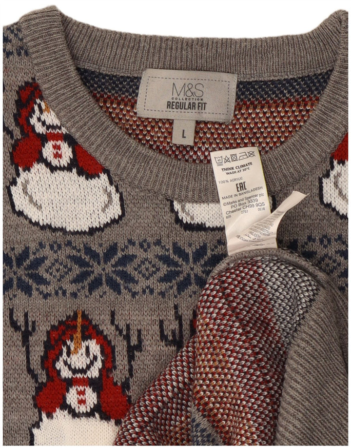 Maglione maglione girocollo da uomo Marks & Spencer grande grigio natalizio