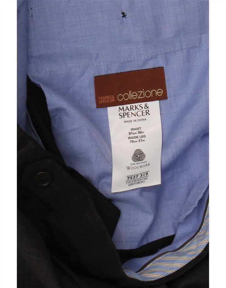 Pantaloni da abito dritti da uomo Marks & Spencer W36 L31 lana vergine a quadri grigi
