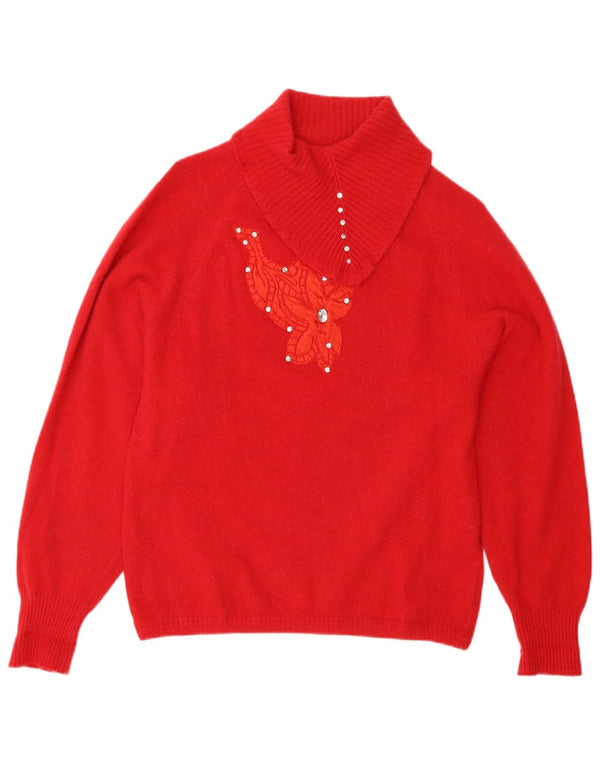 Maglione maglione vintage da donna con collo a scialle UK 12 lana rossa media