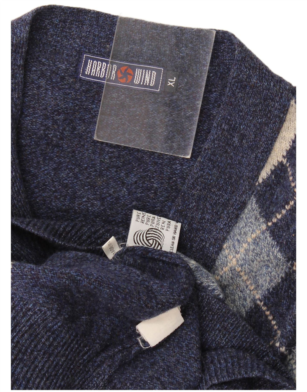 Maglione cardigan da uomo vintage XL blu navy a rombi/lana diamante