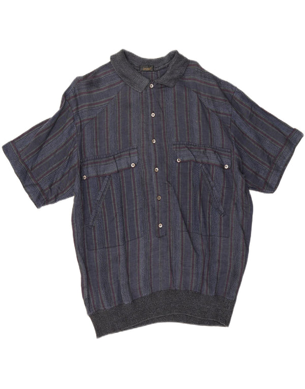 Camicia pullover vintage da uomo a maniche corte IT 50 medio a righe blu navy