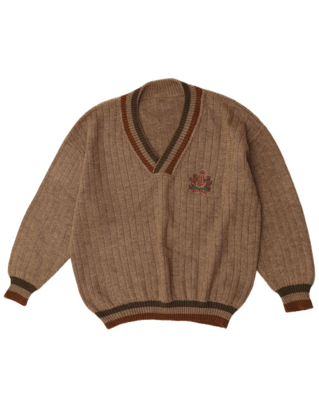 Maglione vintage da uomo con scollo a V XL in lana beige